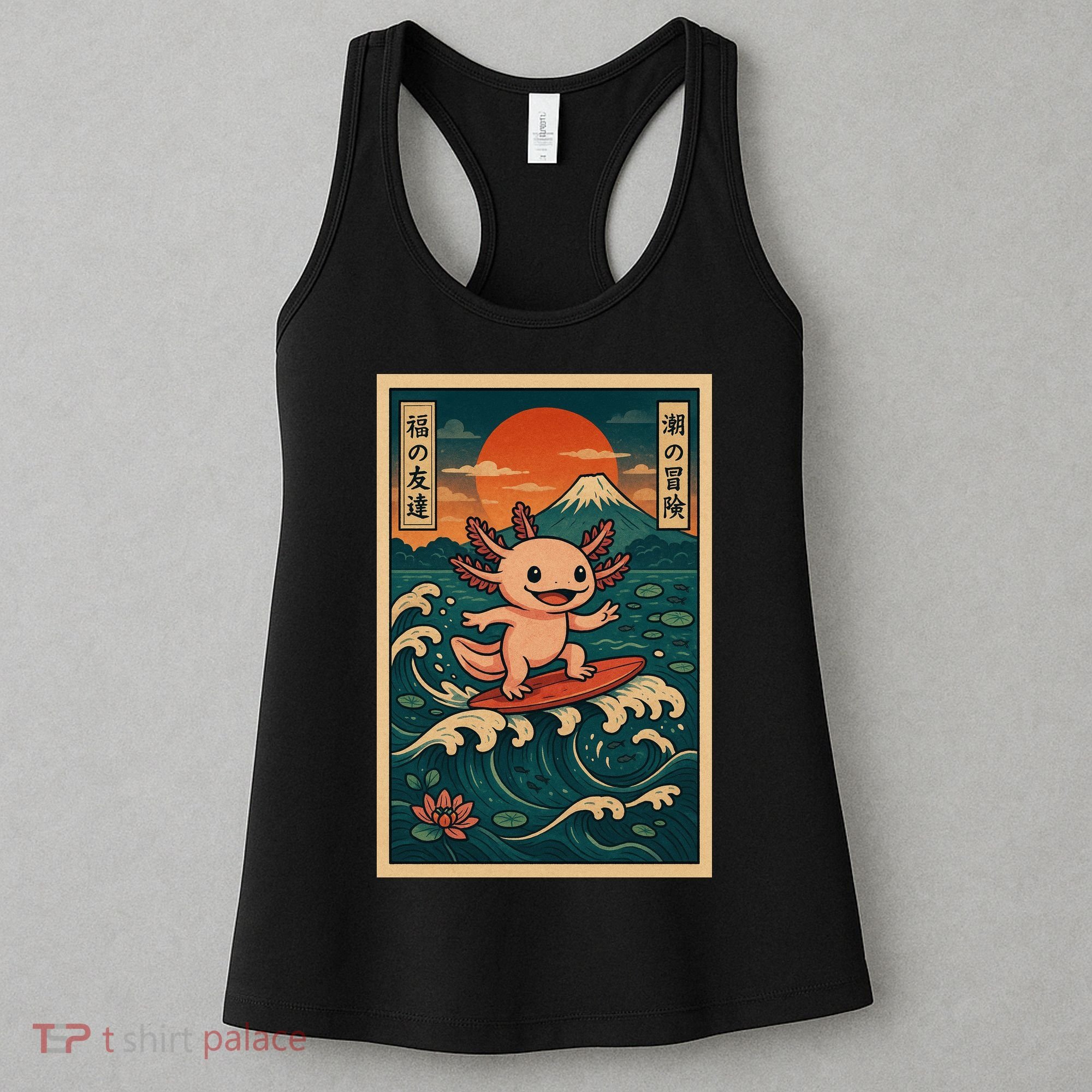 Surfing Axolotl Retro Japanese Kawaii Wave Adventure Ukiyo-e Women's Tank Top