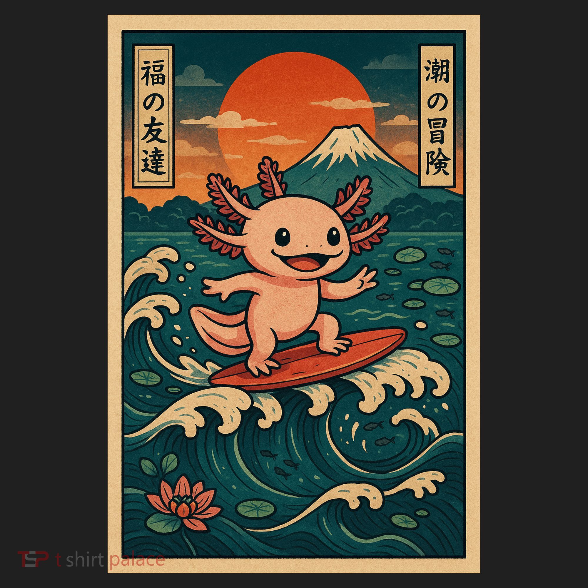 Surfing Axolotl Retro Japanese Kawaii Wave Adventure Ukiyo-e Hat