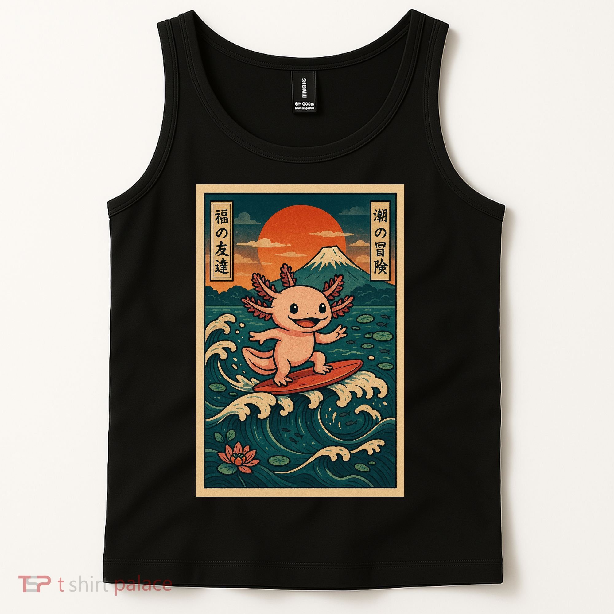 Surfing Axolotl Retro Japanese Kawaii Wave Adventure Ukiyo-e Tank Top