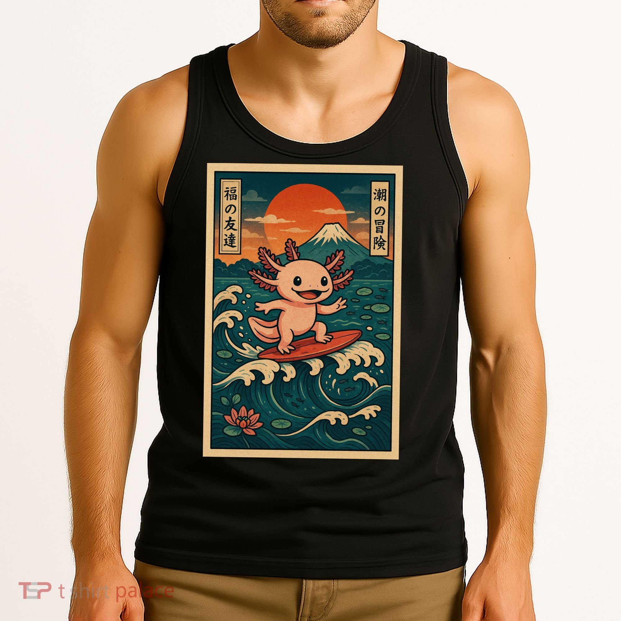 Surfing Axolotl Retro Japanese Kawaii Wave Adventure Ukiyo-e Tank Top