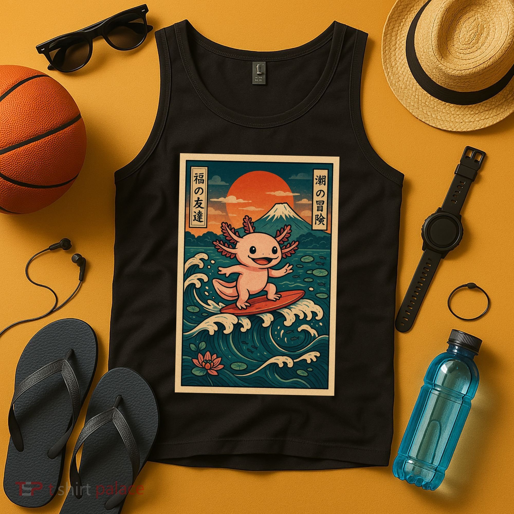 Surfing Axolotl Retro Japanese Kawaii Wave Adventure Ukiyo-e Tank Top