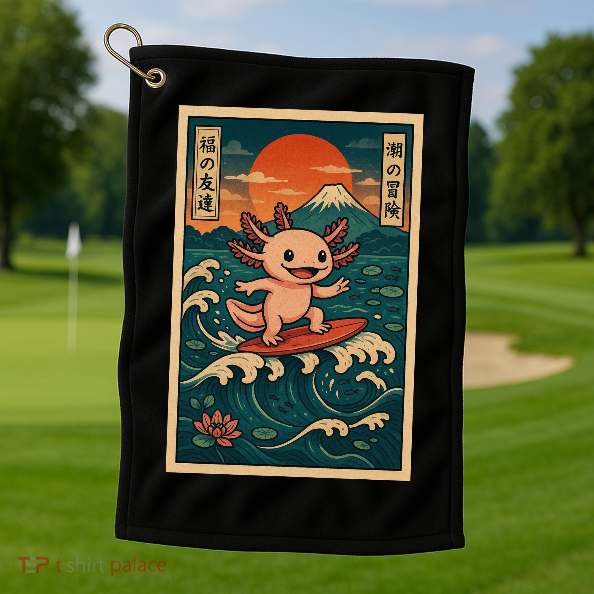 Surfing Axolotl Retro Japanese Kawaii Wave Adventure Ukiyo-e Golf Towel