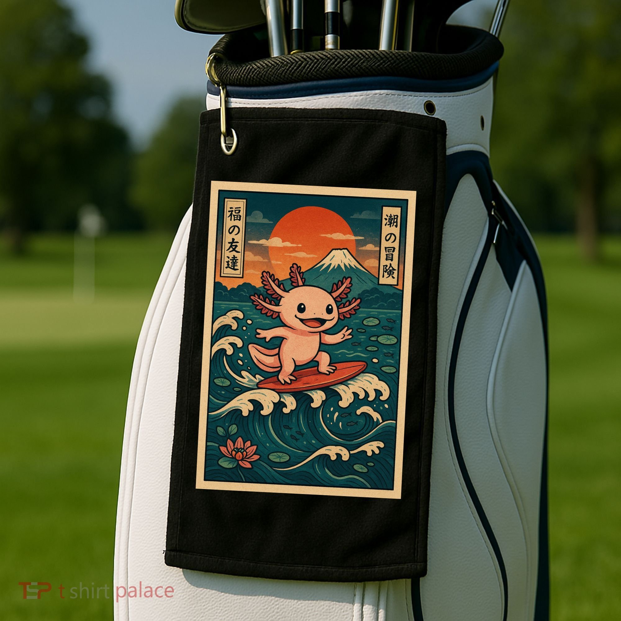Surfing Axolotl Retro Japanese Kawaii Wave Adventure Ukiyo-e Golf Towel