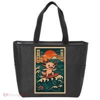 Surfing Axolotl Retro Japanese Kawaii Wave Adventure Ukiyo-e Tote Bag thumb 0