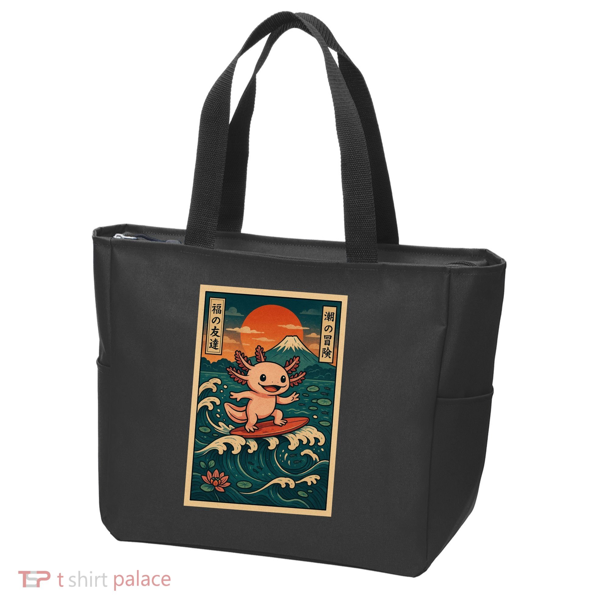Surfing Axolotl Retro Japanese Kawaii Wave Adventure Ukiyo-e Tote Bag