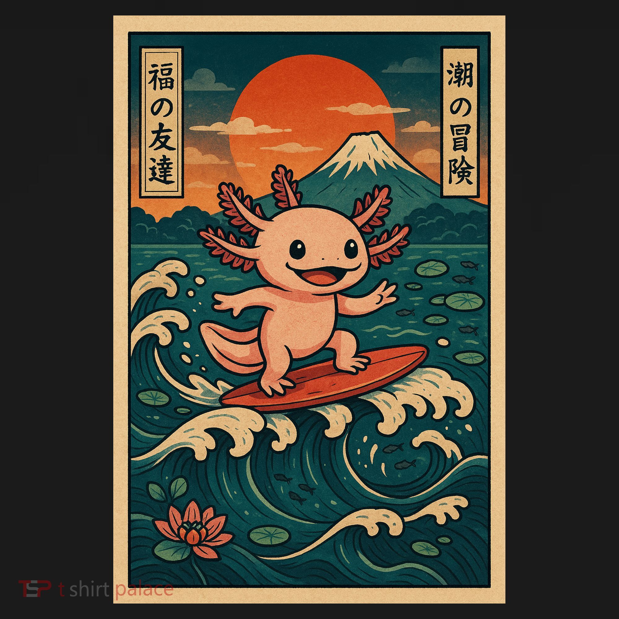 Surfing Axolotl Retro Japanese Kawaii Wave Adventure Ukiyo-e Tote Bag