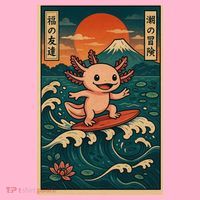 Surfing Axolotl Retro Japanese Kawaii Wave Adventure Ukiyo-e Long Sleeve Shirt thumb 2