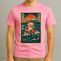 Surfing Axolotl Retro Japanese Kawaii Wave Adventure Ukiyo-e T-Shirt thumb 3