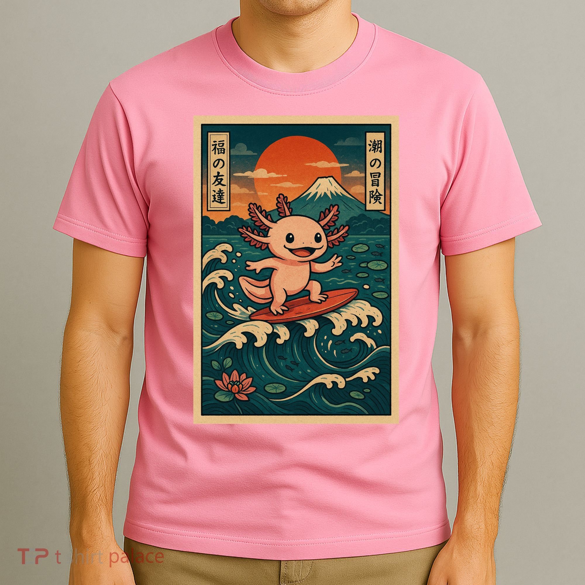 Surfing Axolotl Retro Japanese Kawaii Wave Adventure Ukiyo-e T-Shirt