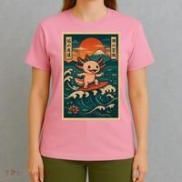 Surfing Axolotl Retro Japanese Kawaii Wave Adventure Ukiyo-e T-Shirt thumb 4