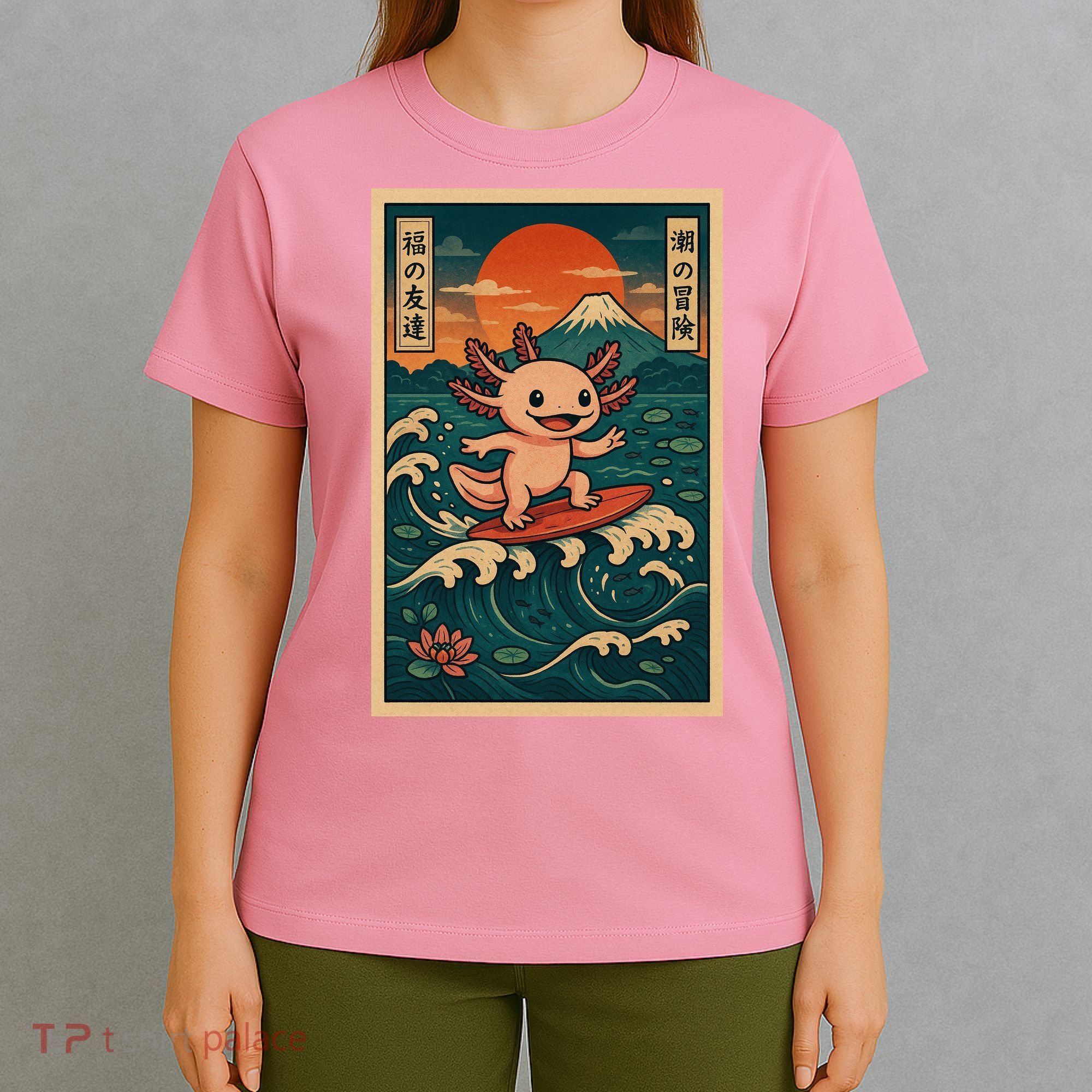 Surfing Axolotl Retro Japanese Kawaii Wave Adventure Ukiyo-e T-Shirt