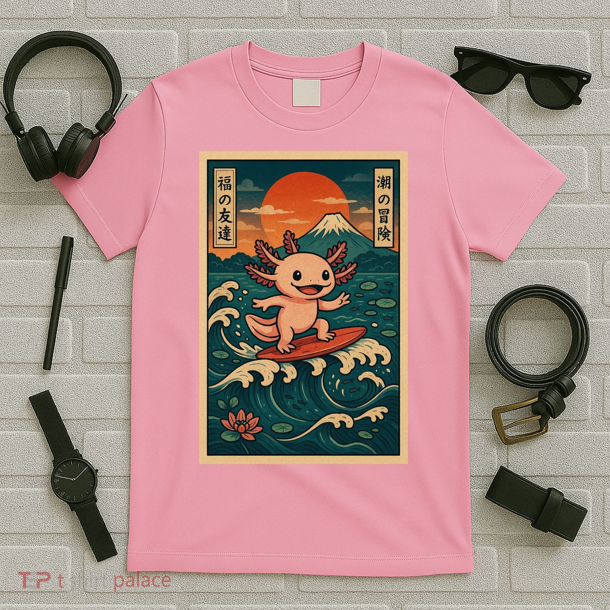 Surfing Axolotl Retro Japanese Kawaii Wave Adventure Ukiyo-e T-Shirt
