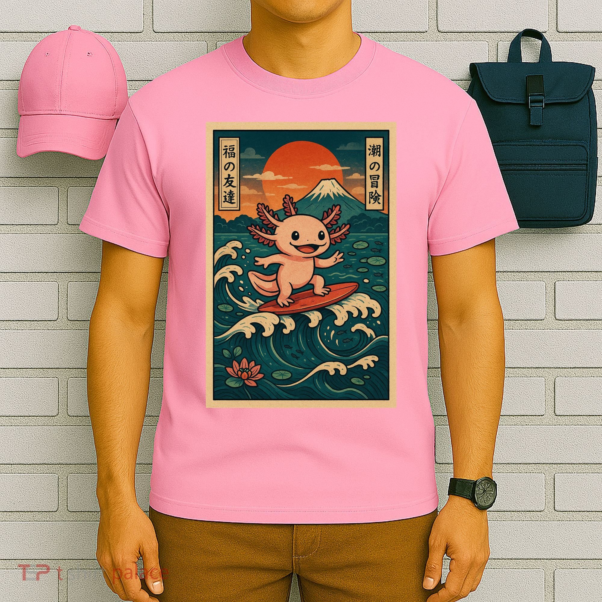 Surfing Axolotl Retro Japanese Kawaii Wave Adventure Ukiyo-e T-Shirt