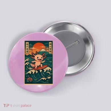 Surfing Axolotl Retro Japanese Kawaii Wave Adventure Ukiyo-e Button