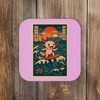 Surfing Axolotl Retro Japanese Kawaii Wave Adventure Ukiyo-e Coaster thumb 0