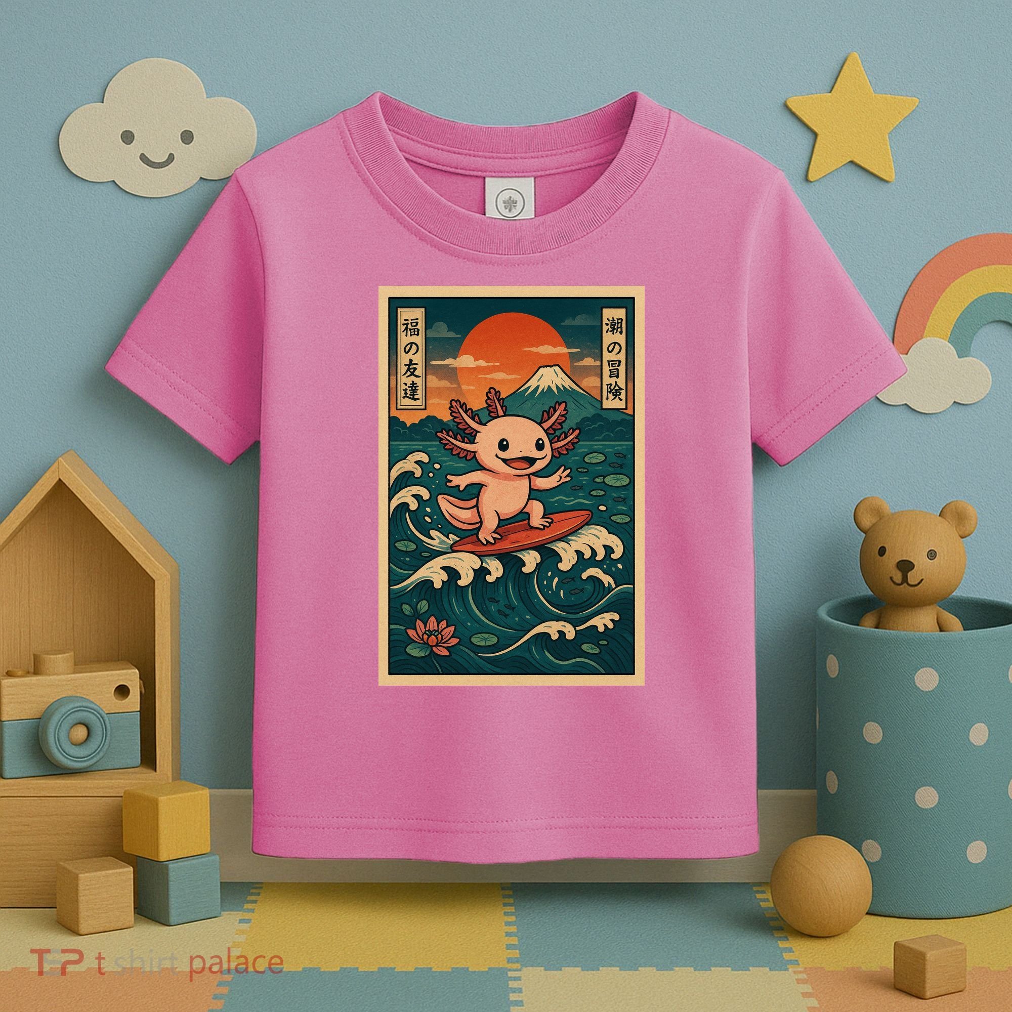Surfing Axolotl Retro Japanese Kawaii Wave Adventure Ukiyo-e Toddler T-Shirt