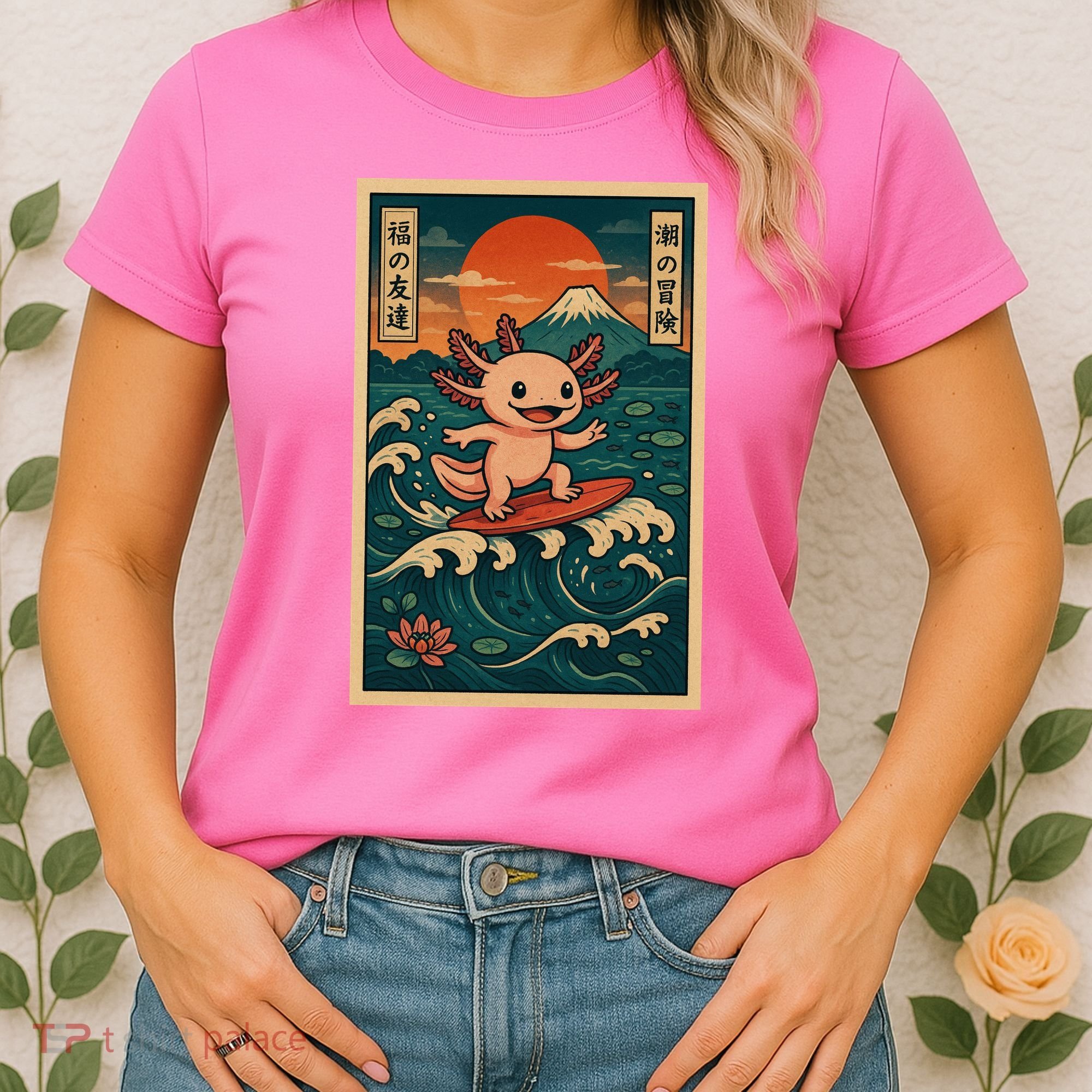 Surfing Axolotl Retro Japanese Kawaii Wave Adventure Ukiyo-e Women's T-Shirt