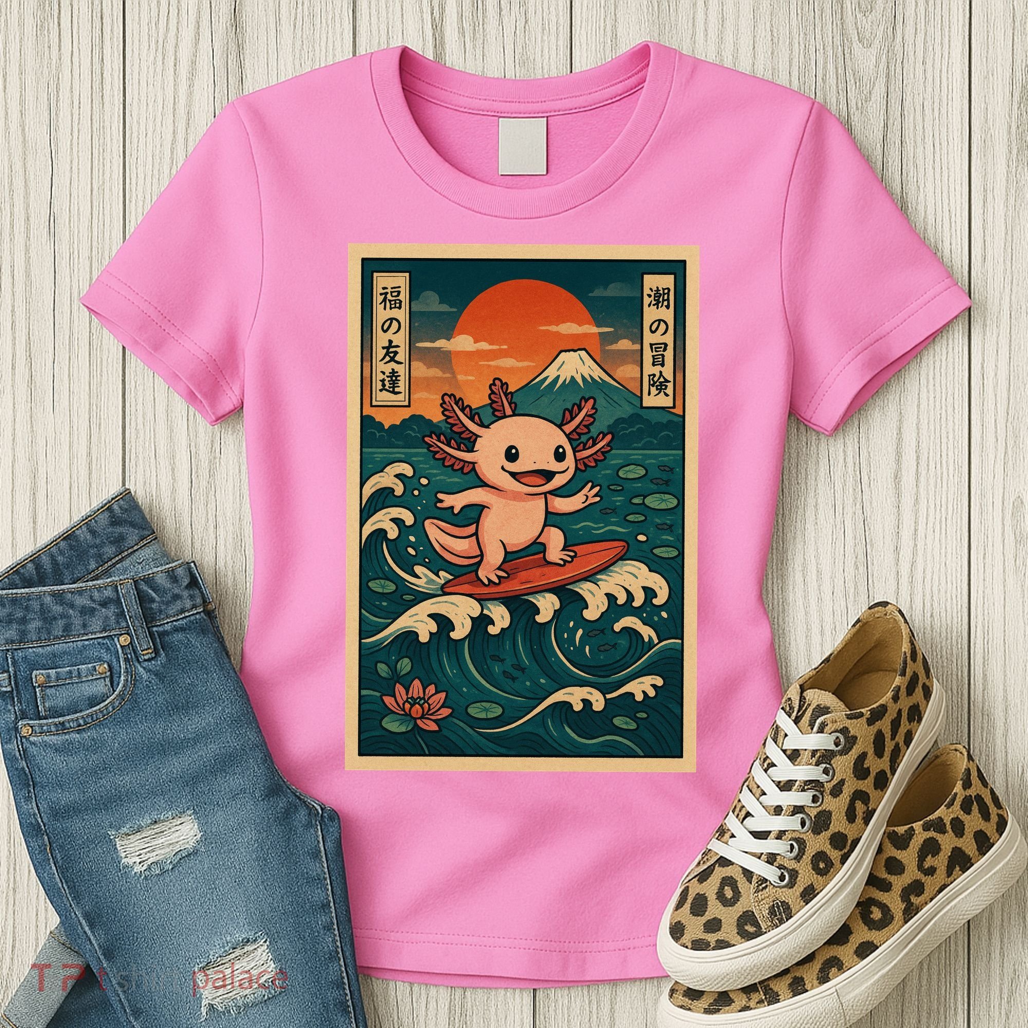 Surfing Axolotl Retro Japanese Kawaii Wave Adventure Ukiyo-e Women's T-Shirt