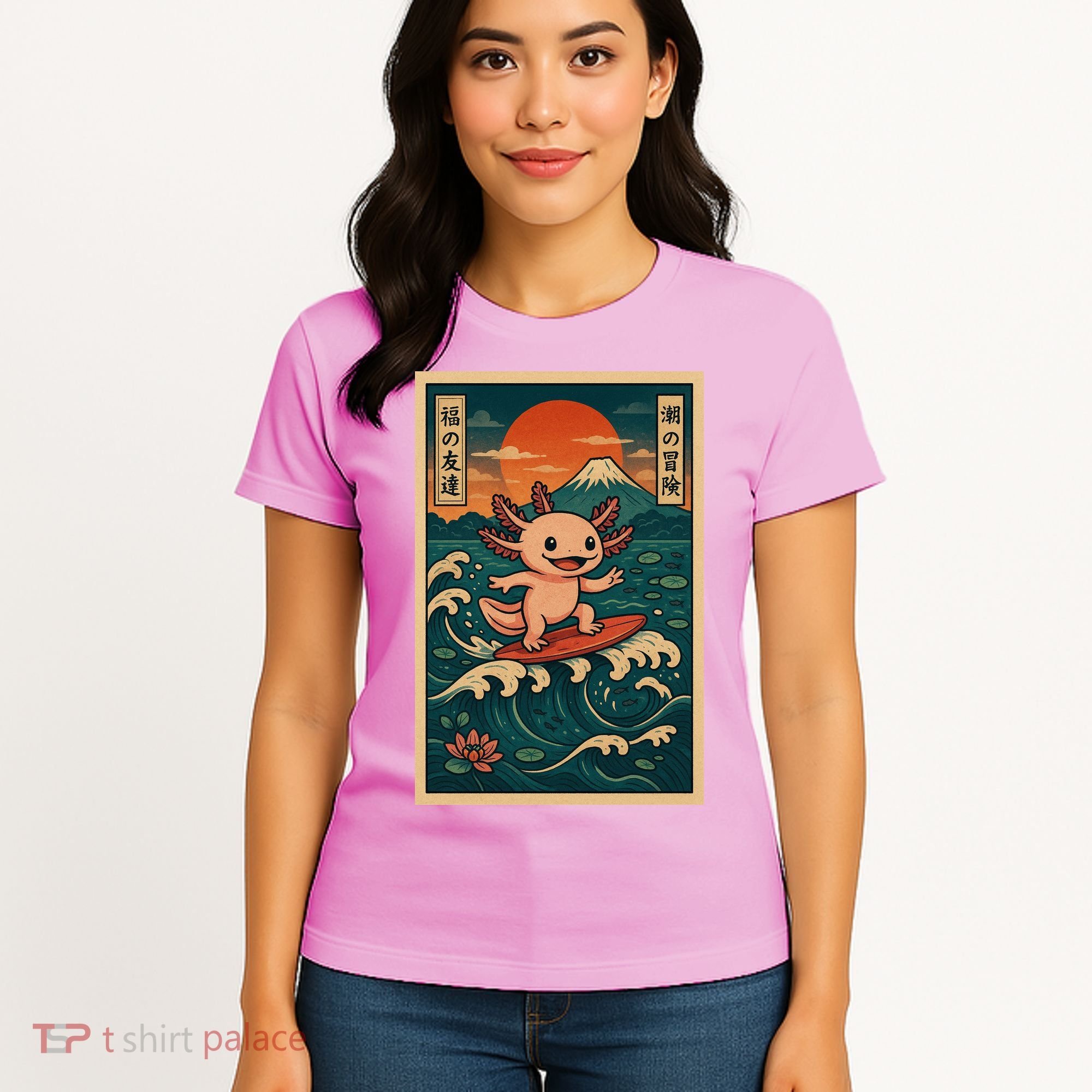 Surfing Axolotl Retro Japanese Kawaii Wave Adventure Ukiyo-e Women's T-Shirt