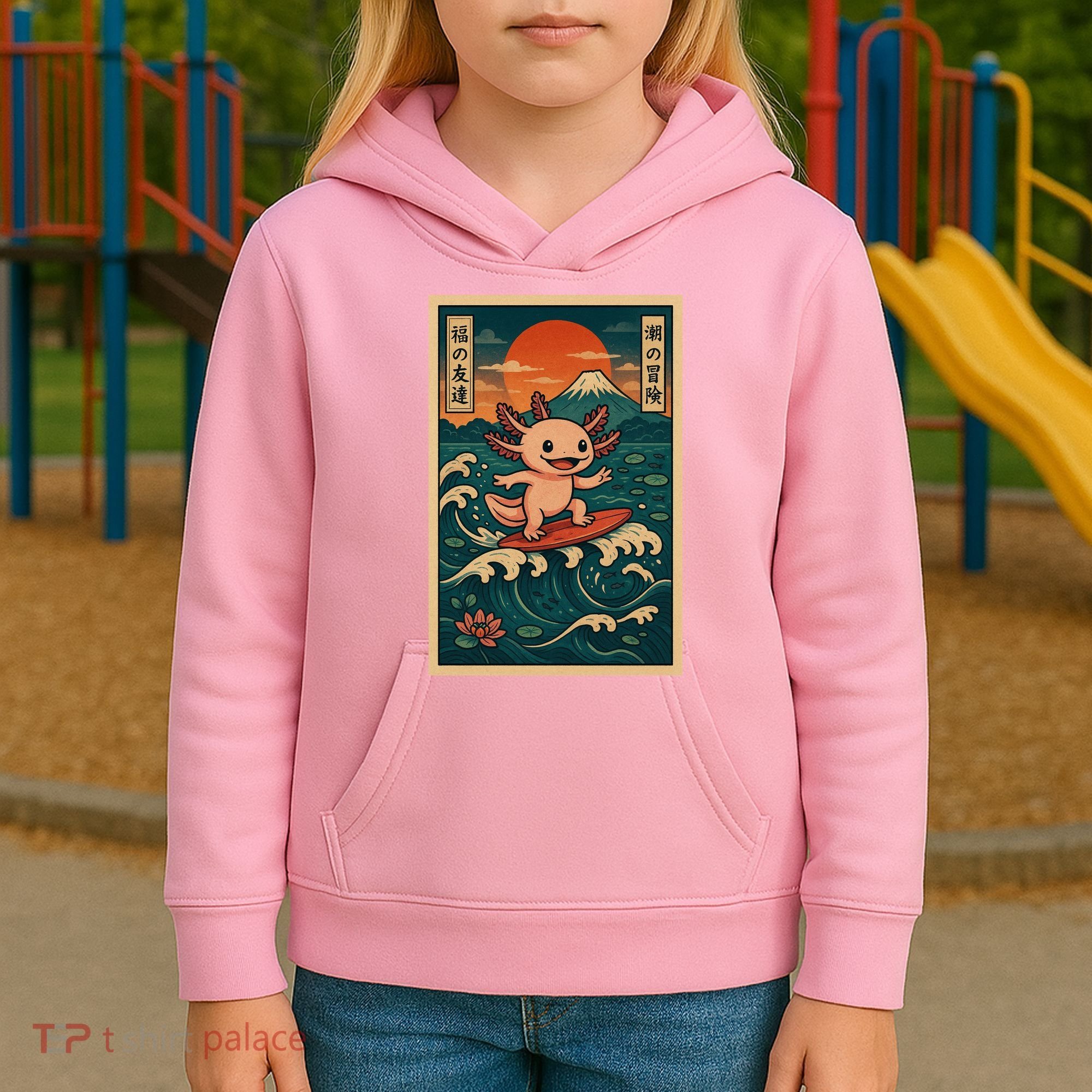Surfing Axolotl Retro Japanese Kawaii Wave Adventure Ukiyo-e Kids Hoodie