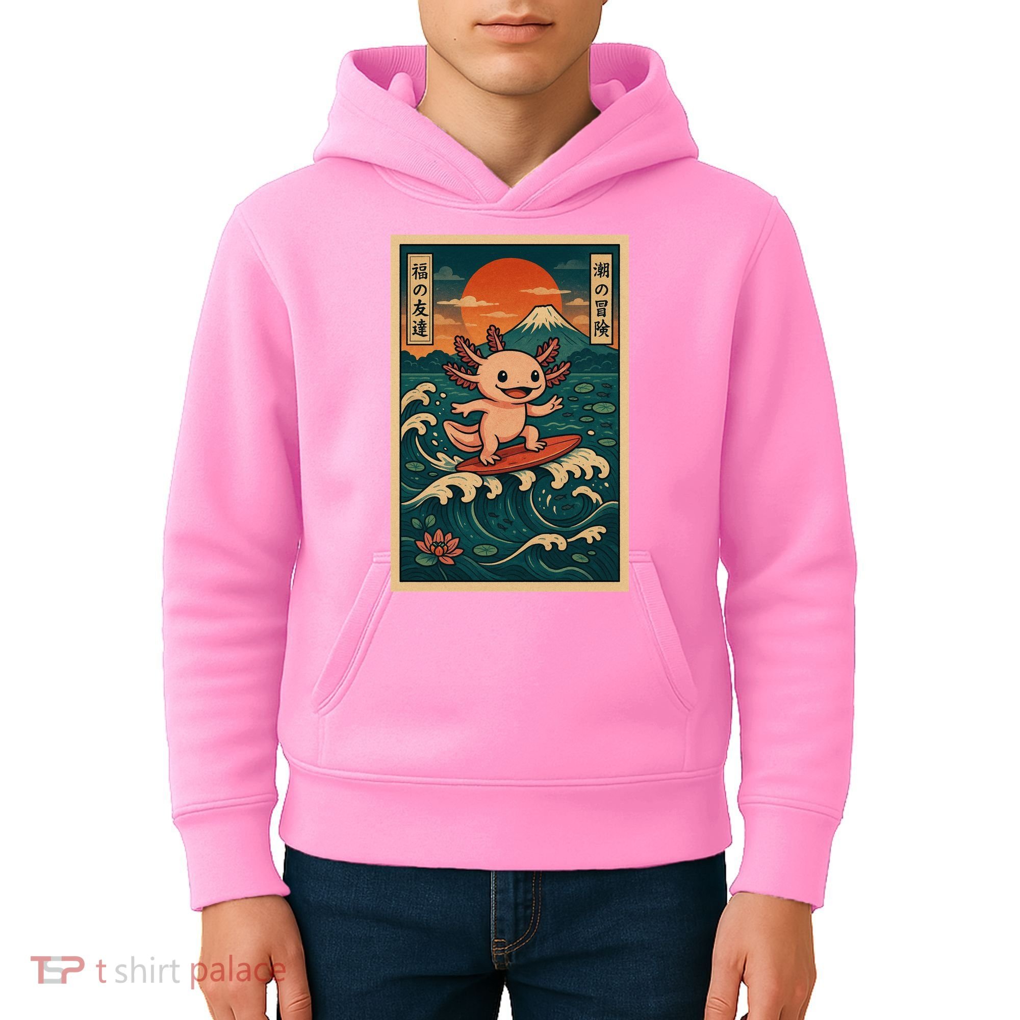 Surfing Axolotl Retro Japanese Kawaii Wave Adventure Ukiyo-e Kids Hoodie