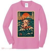 Surfing Axolotl Retro Japanese Kawaii Wave Adventure Ukiyo-e Kids Long Sleeve Shirt thumb 0