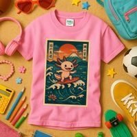 Surfing Axolotl Retro Japanese Kawaii Wave Adventure Ukiyo-e Kids T-Shirt thumb 3