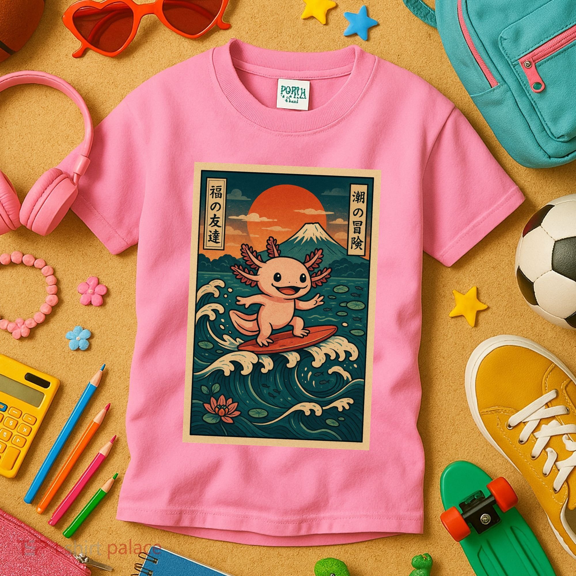 Surfing Axolotl Retro Japanese Kawaii Wave Adventure Ukiyo-e Kids T-Shirt