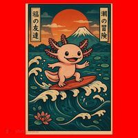 Surfing Axolotl Retro Japanese Kawaii Wave Adventure Ukiyo-e Santa Hat thumb 1