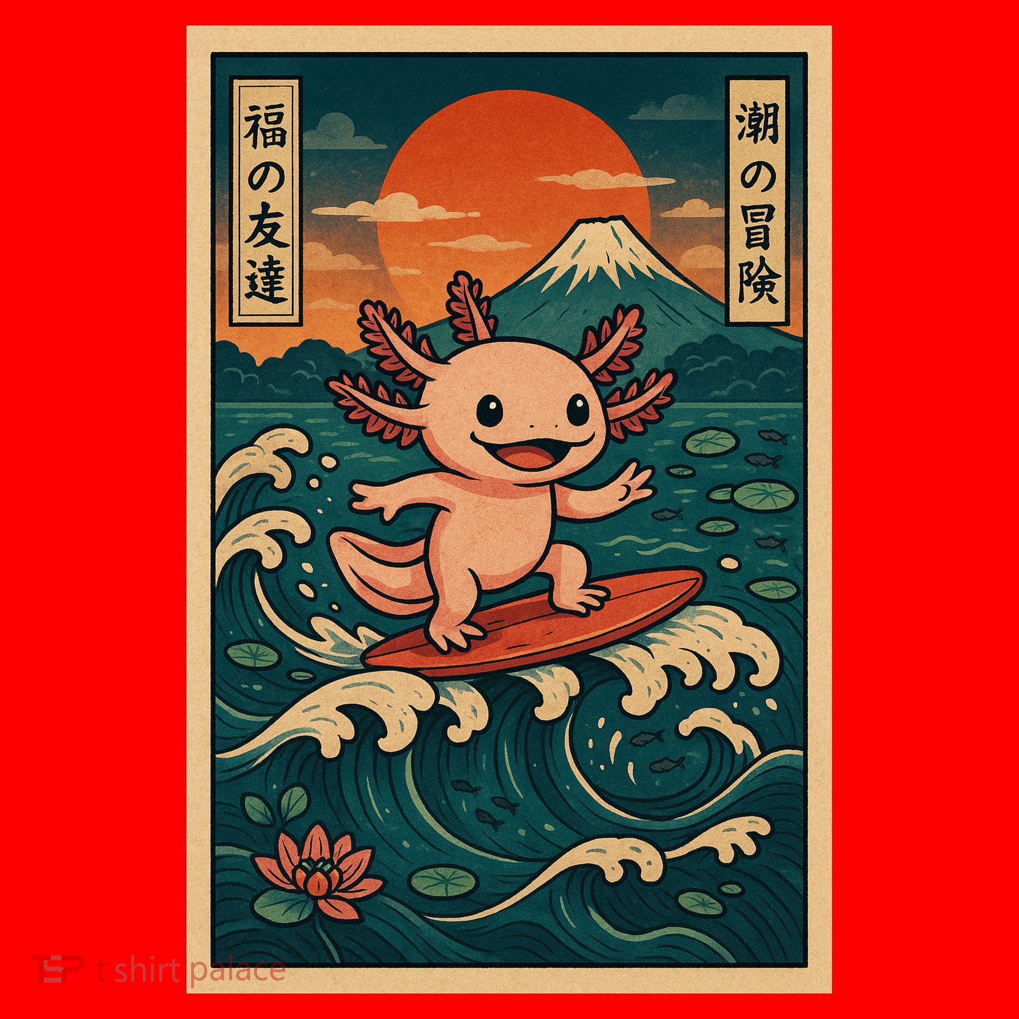 Surfing Axolotl Retro Japanese Kawaii Wave Adventure Ukiyo-e Santa Hat