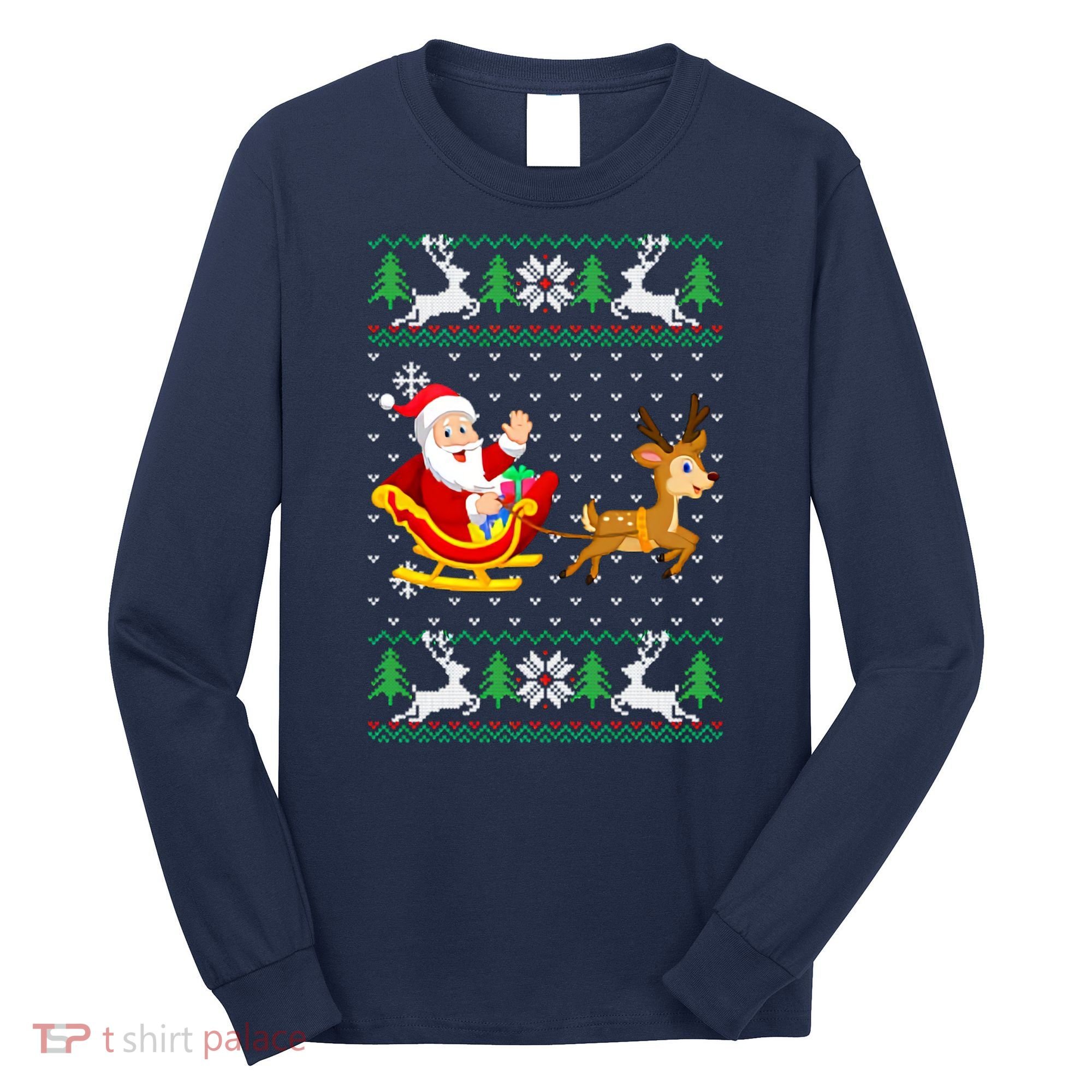 Santa And Reindeer Ugly Christmas Long Sleeve Shirt