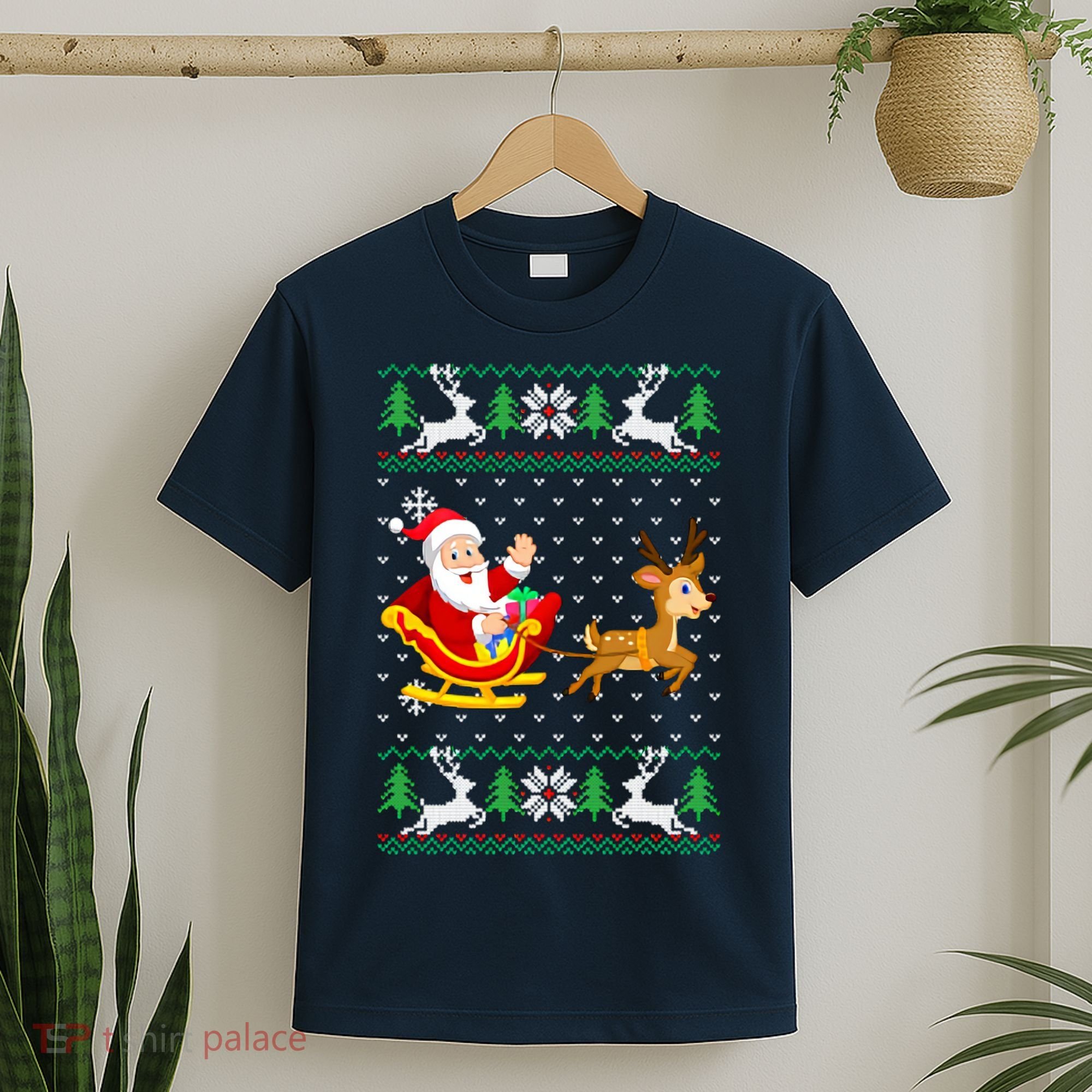 Santa And Reindeer Ugly Christmas T-Shirt