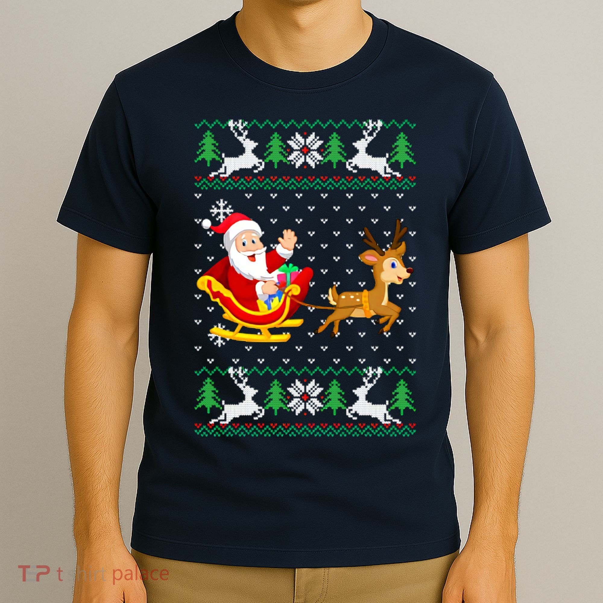 Santa And Reindeer Ugly Christmas T-Shirt