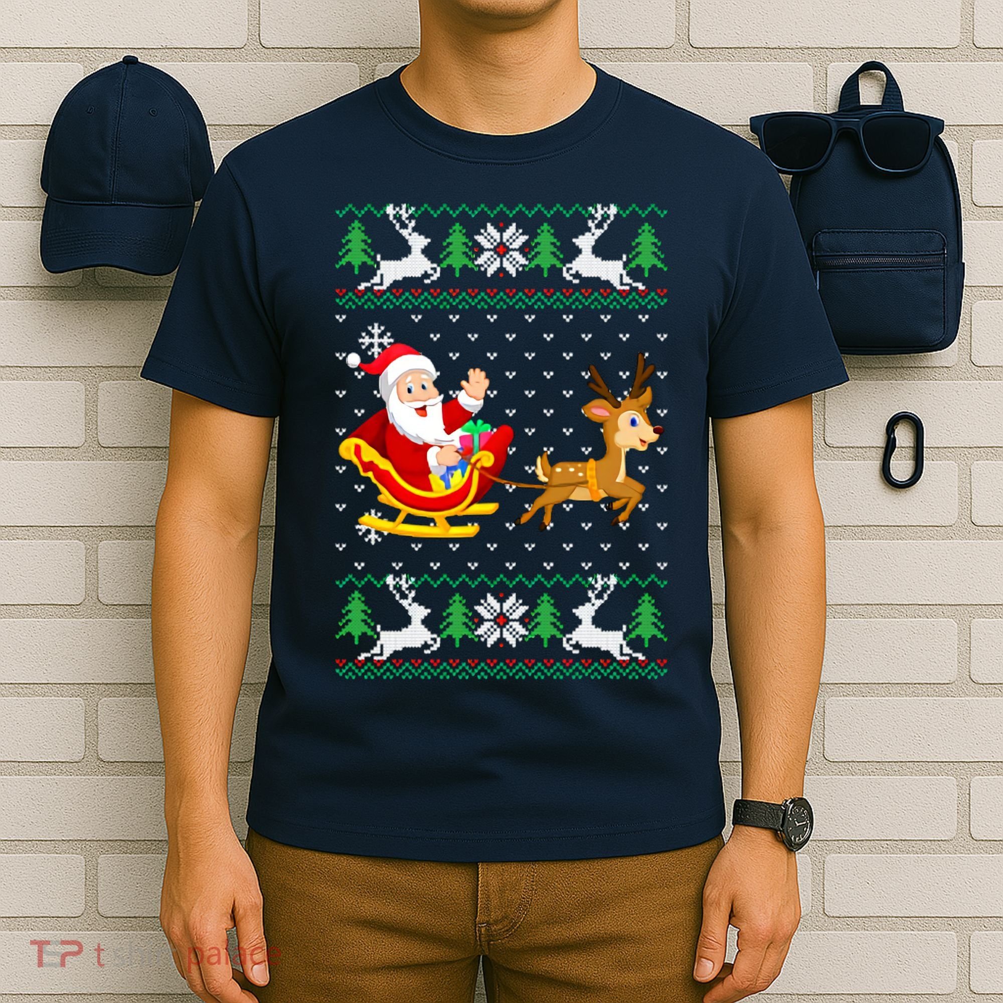 Santa And Reindeer Ugly Christmas T-Shirt