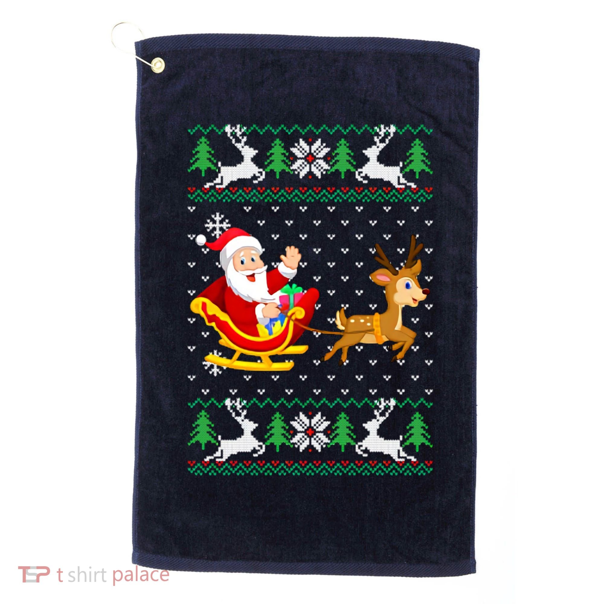 Santa And Reindeer Ugly Christmas Golf Towel