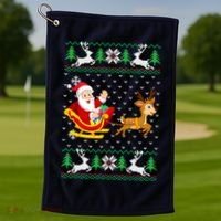 Santa And Reindeer Ugly Christmas Golf Towel thumb 1