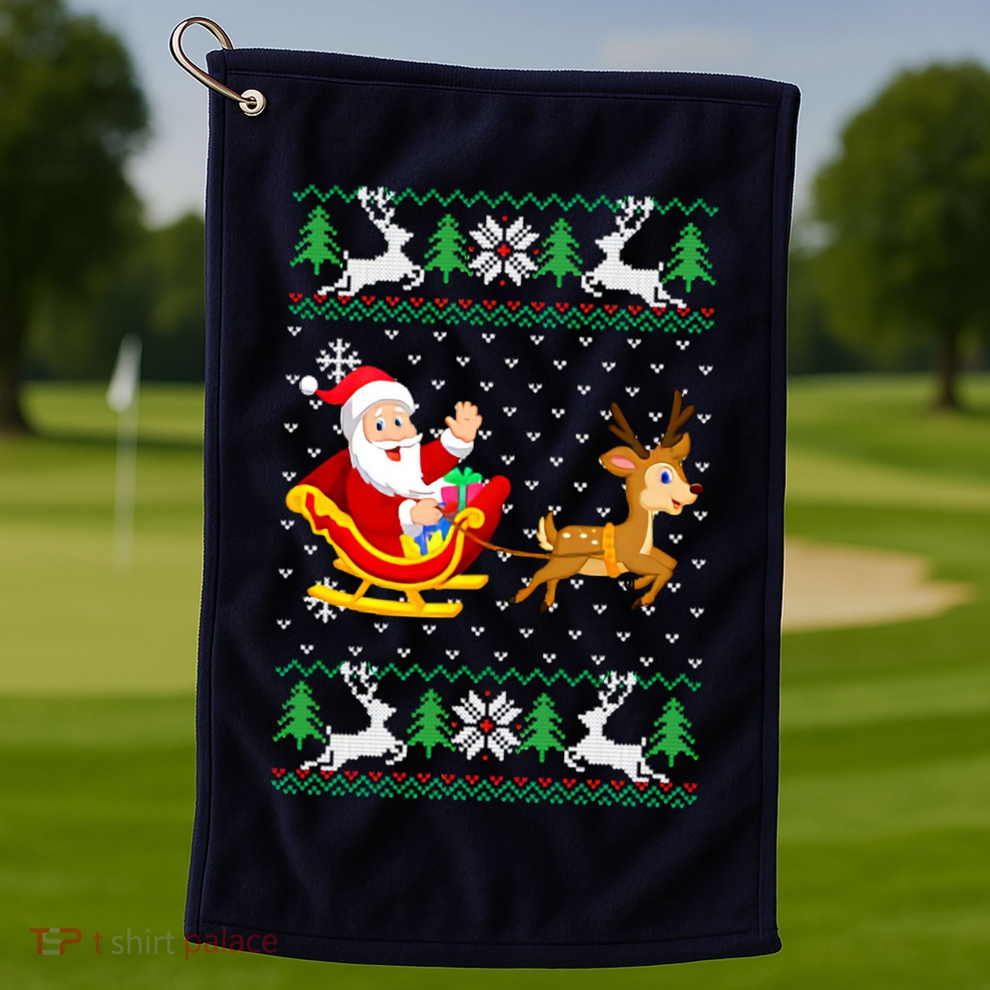 Santa And Reindeer Ugly Christmas Golf Towel