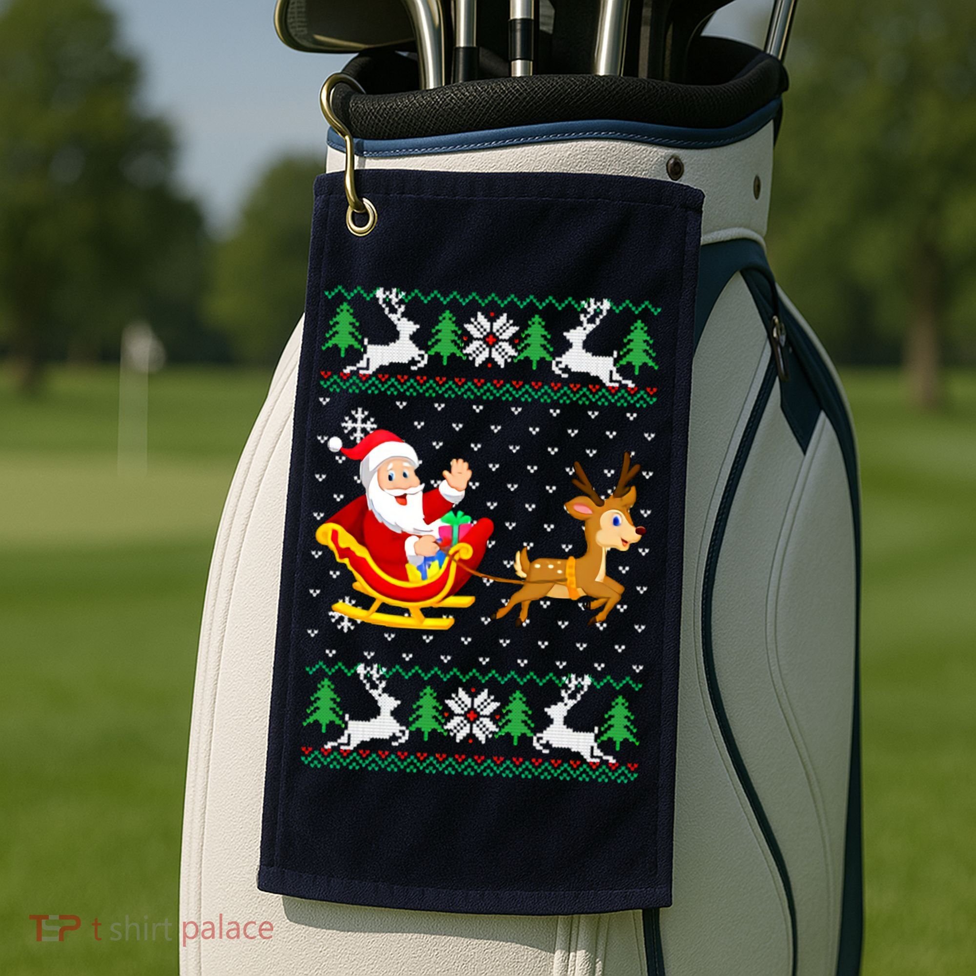 Santa And Reindeer Ugly Christmas Golf Towel