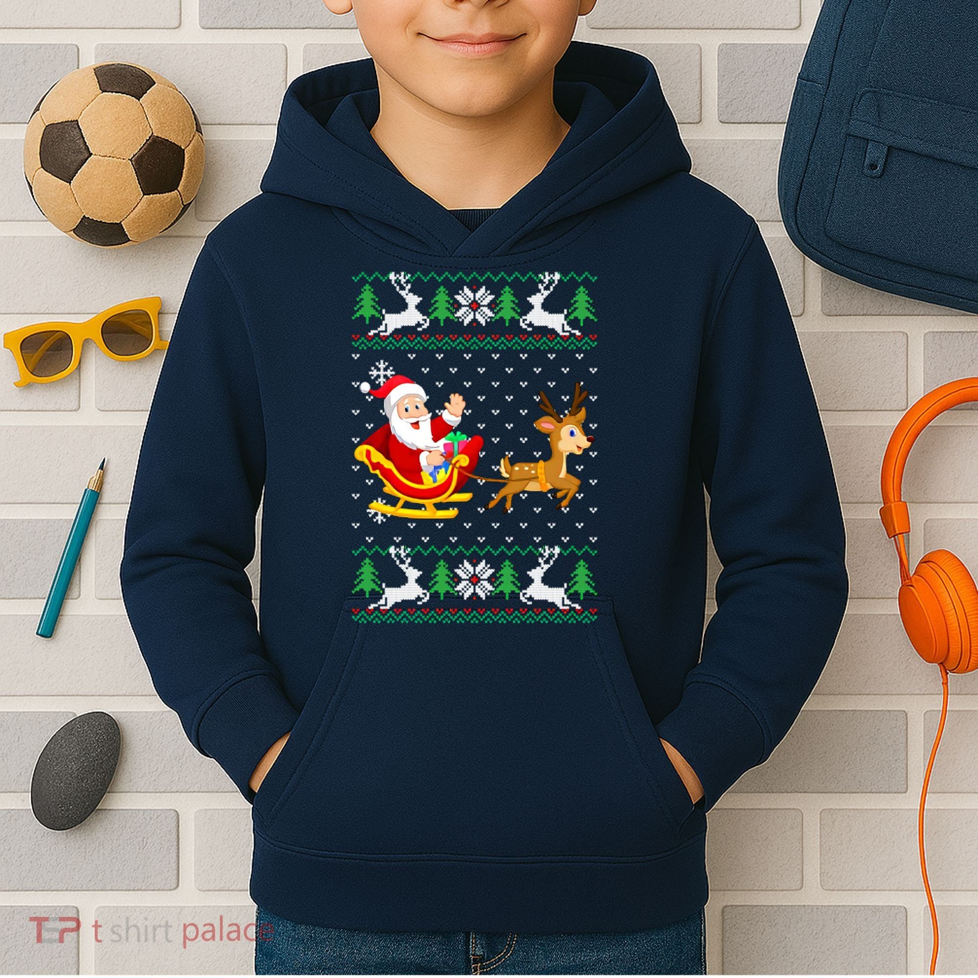 Santa And Reindeer Ugly Christmas Kids Hoodie
