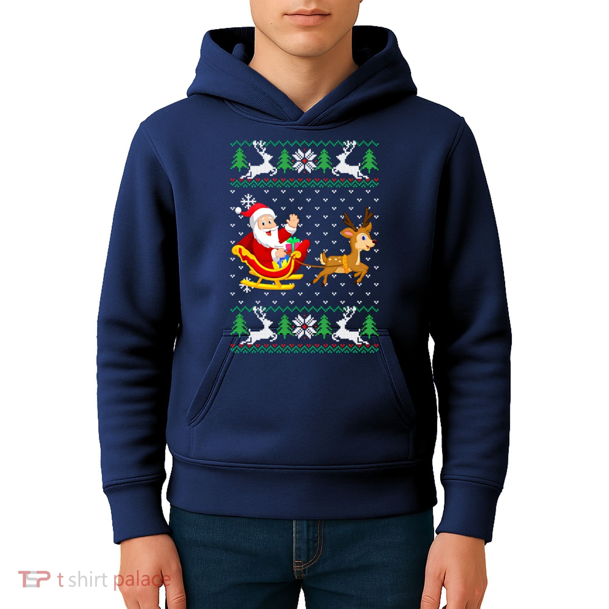 Santa And Reindeer Ugly Christmas Kids Hoodie