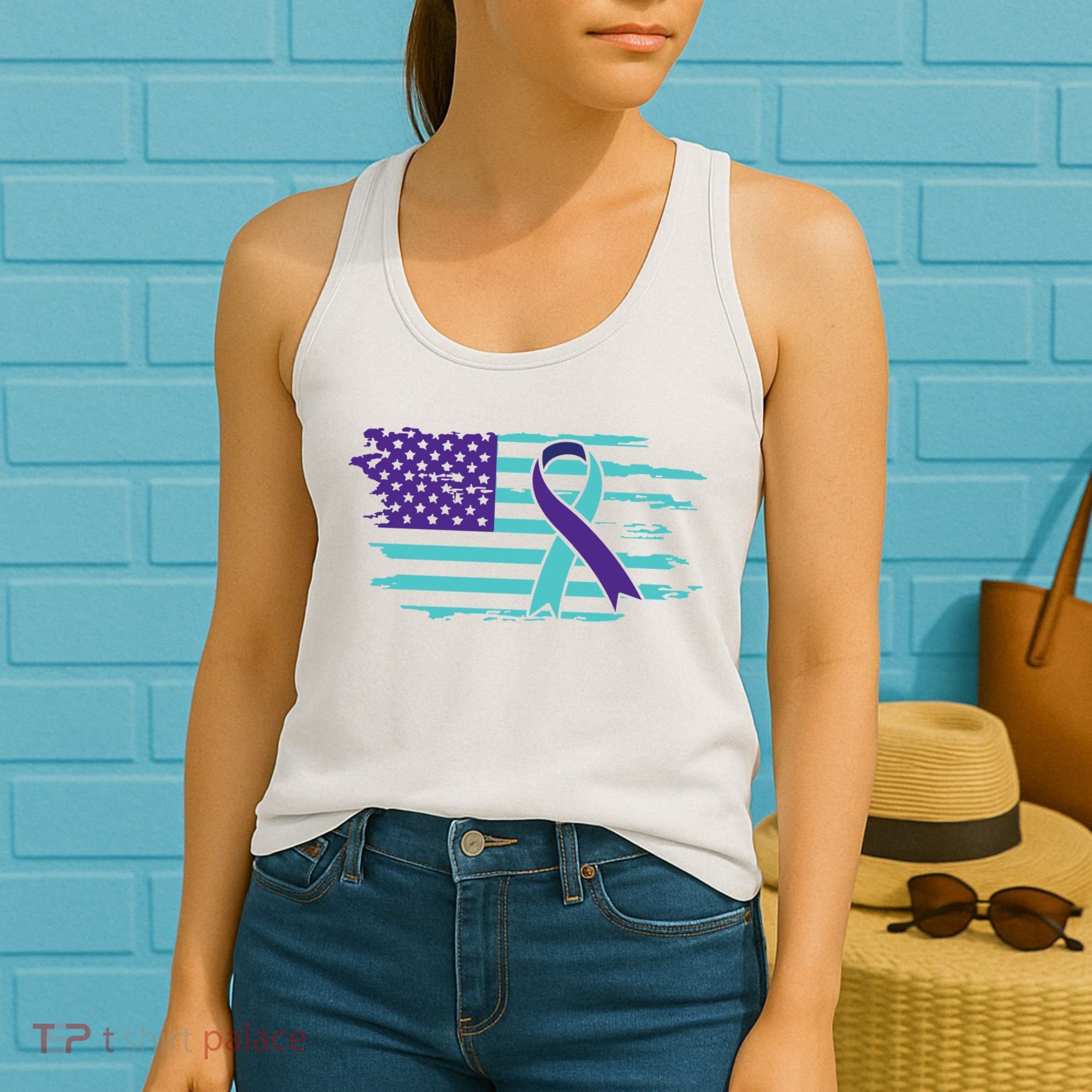 Suicide Awareness Ribbon American Flag Women's Tank Top