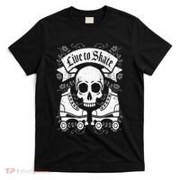 Skull And Roller Skates Live To Skate Goth Punk Roller Derby T-Shirt thumb 0