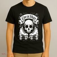 Skull And Roller Skates Live To Skate Goth Punk Roller Derby T-Shirt thumb 3