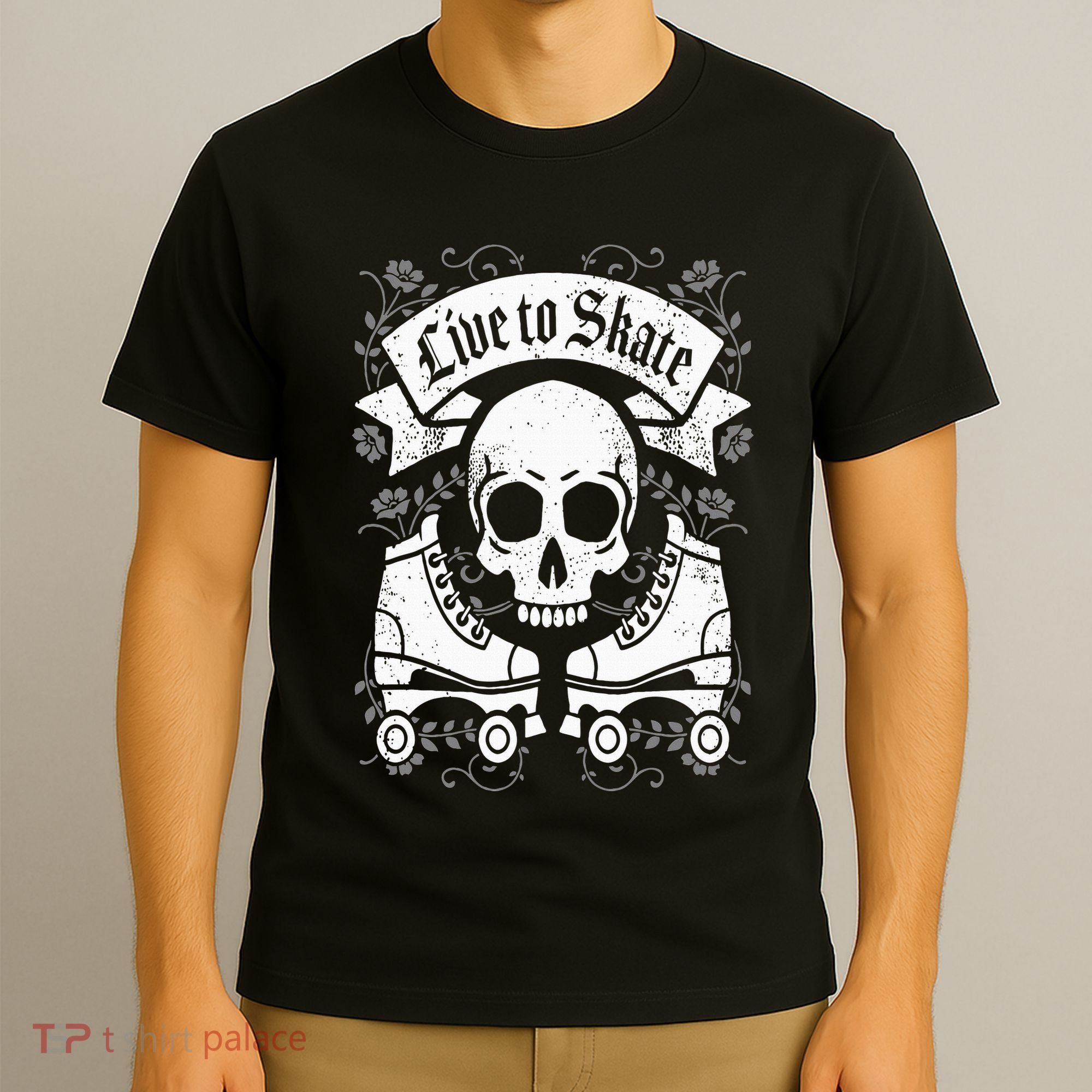 Skull And Roller Skates Live To Skate Goth Punk Roller Derby T-Shirt