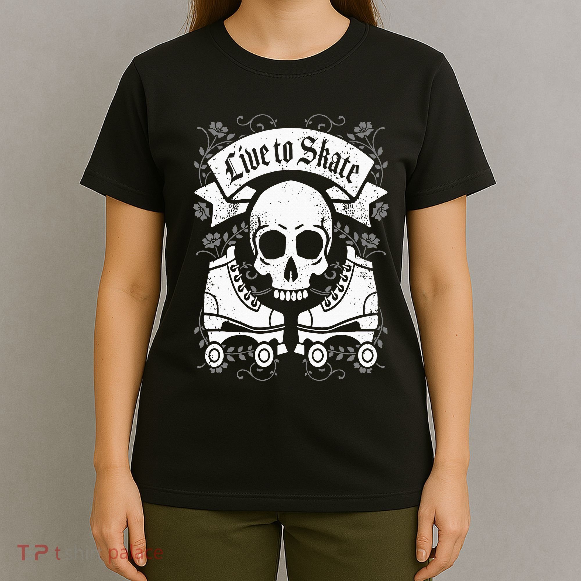 Skull And Roller Skates Live To Skate Goth Punk Roller Derby T-Shirt