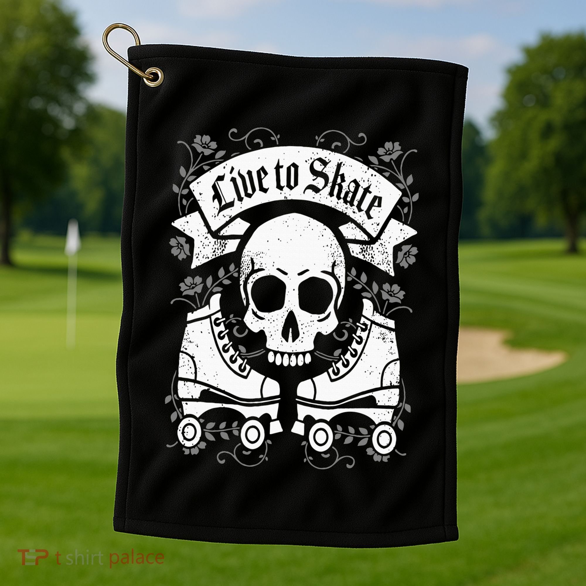 Skull And Roller Skates Live To Skate Goth Punk Roller Derby Golf Towel