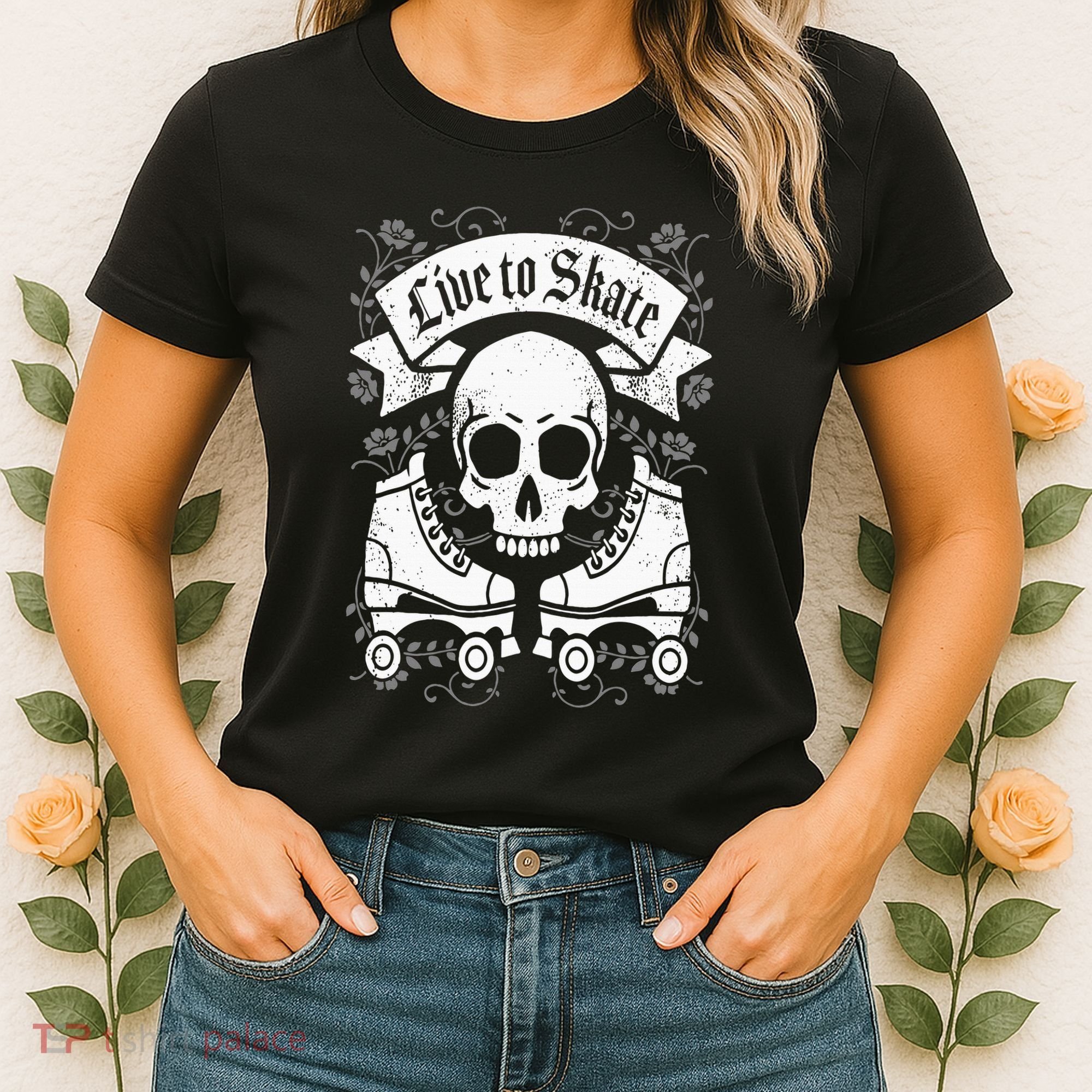 Skull And Roller Skates Live To Skate Goth Punk Roller Derby Women's T-Shirt
