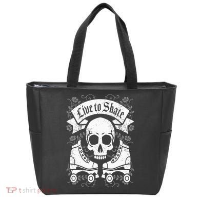Skull And Roller Skates Live To Skate Goth Punk Roller Derby Tote Bag