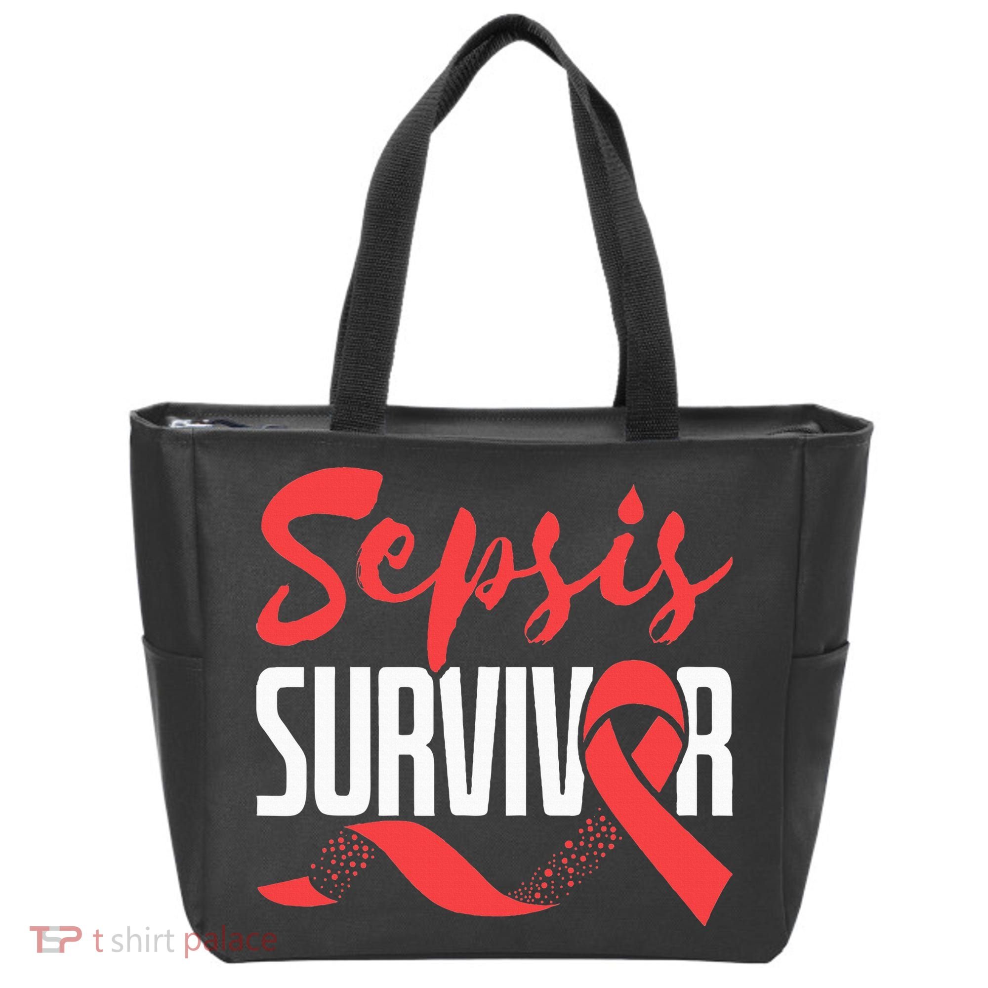 Sepsis Awareness  Red Ribbon  Sepsis Survivor Tote Bag