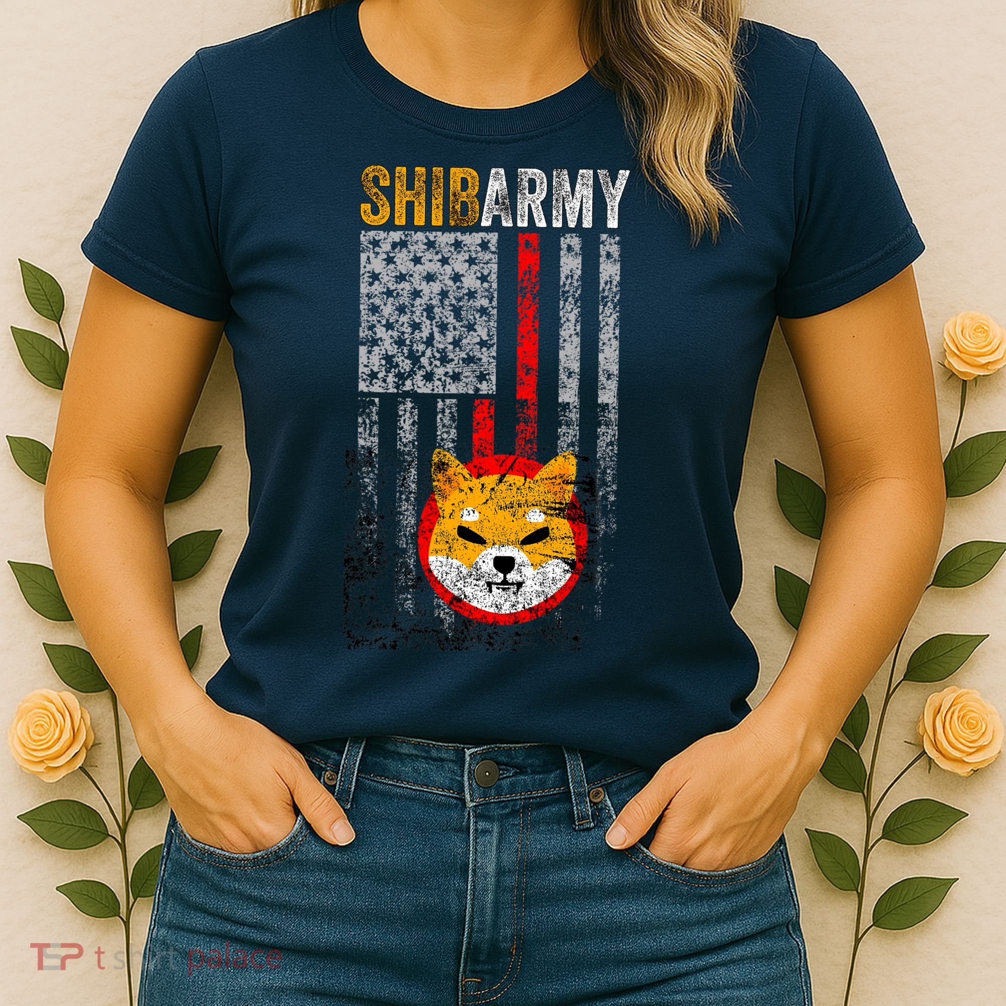 Shiba Army, Shiba Inu Coin With American Flag Women's T-Shirt